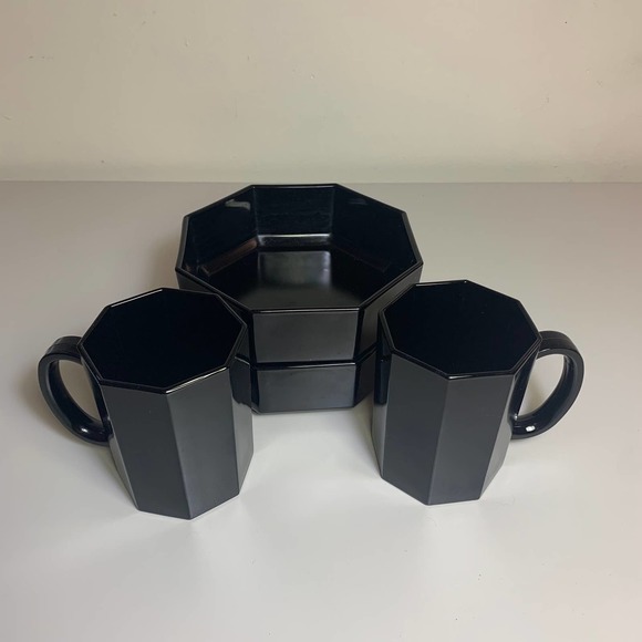 4 pc Set MCM Deco Arcoroc France Black Glass Octagon Mugs Bowls Arcopal Octime - Picture 4 of 14